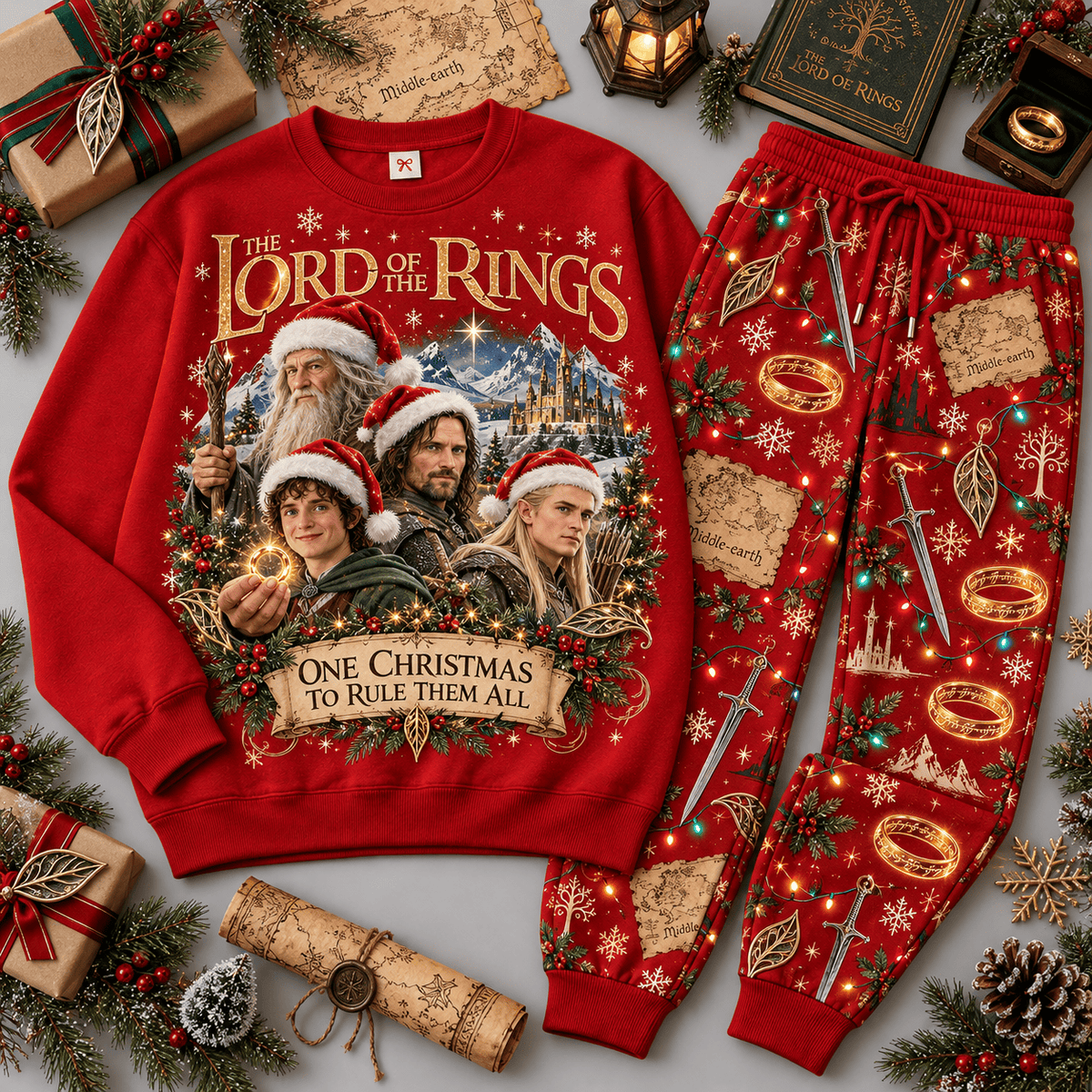 The Lord of the Rings One Christmas to Rule Them All Sweater Jogger Set NDN Red Flat