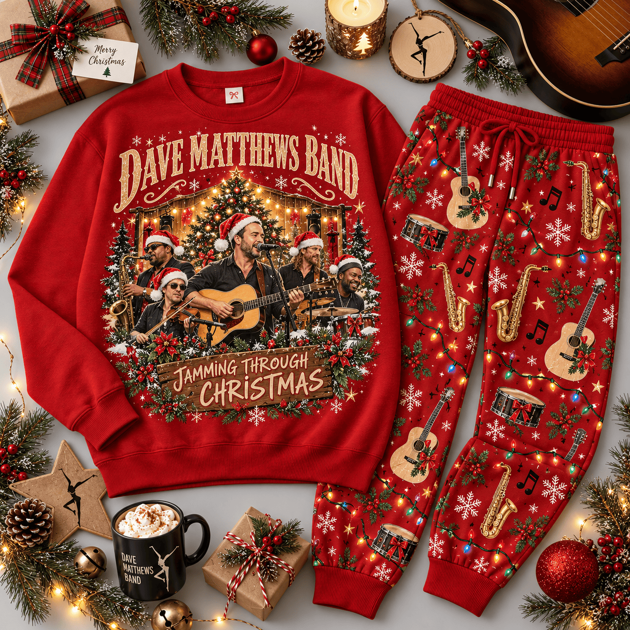 Dave Matthews Band Jamming Through Christmas Portrait Sweater Jogger Set for Jam Rock Fans NDN Red Flat