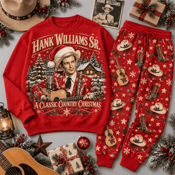Hank Williams Sr Classic Country Christmas Portrait Sweater Jogger Set for Country Music Fans NDN Red Flat