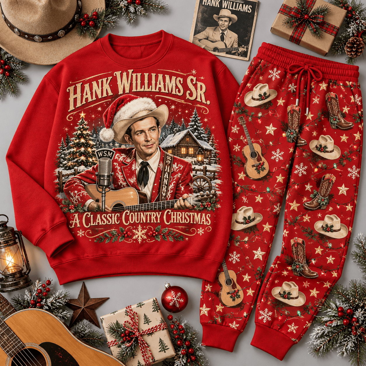 Hank Williams Sr Classic Country Christmas Portrait Sweater Jogger Set for Country Music Fans NDN Red Flat