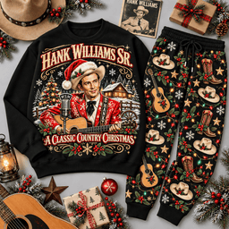 Hank Williams Sr Classic Country Christmas Portrait Sweater Jogger Set for Country Music Fans NDN Black Flat