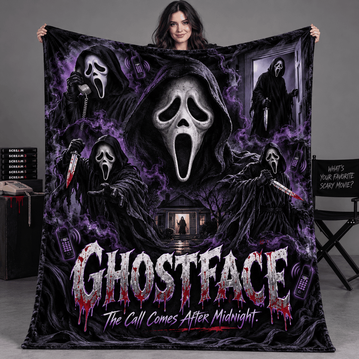 Ghostface Purple Mask And Spiderweb Fleece Blanket For Fans Of Calls After Midnight NDN Person Holding Blanket