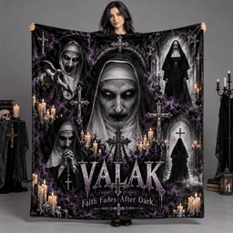 Valak Purple Nun Portrait And Crosses Fleece Blanket For A Chilling Movie Night NDN Person Holding Blanket