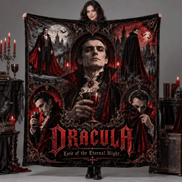 Dracula Vampire Goblet And Crimson Portraits Fleece Blanket For Fans Of Gothic Nights NDN Person Holding Blanket