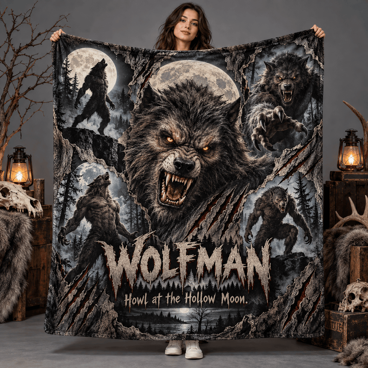 Wolfman Snarling Portrait And Full Moon Fleece Blanket For Fans Of Moonlit Monster Tales NDN Person Holding Blanket