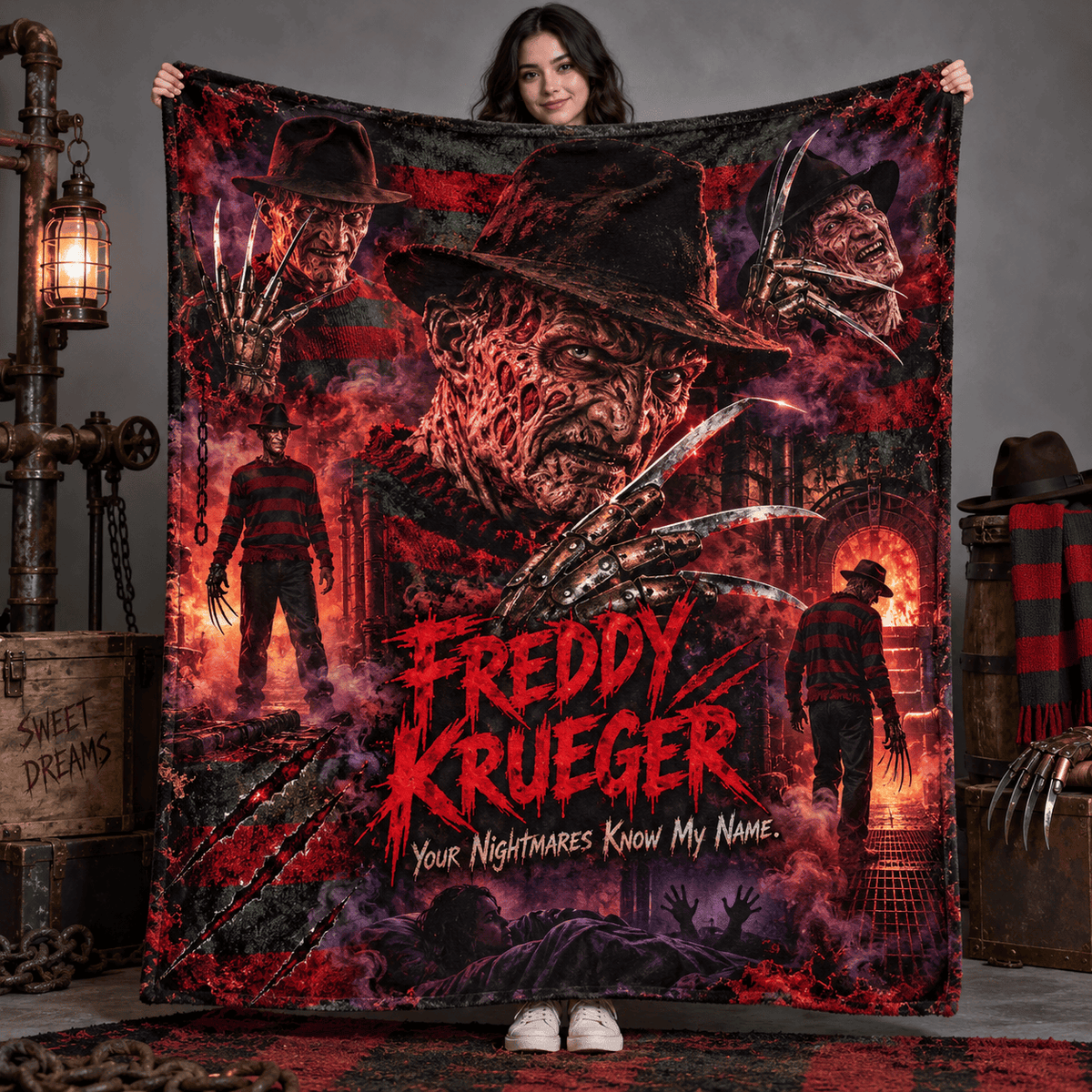 Freddy Krueger Fedora And Bladed Glove Fleece Blanket For Fans Facing Their Nightmares NDN Person Holding Blanket