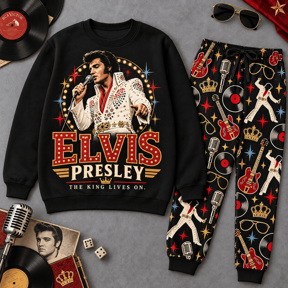 Premium Elvis Presley The King Lives On Graphic Sweater and Jogger Pants Set NDN Flat Set Mockup