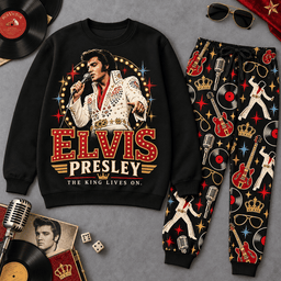 Premium Elvis Presley The King Lives On Graphic Sweater and Jogger Pants Set NDN Flat Set Mockup