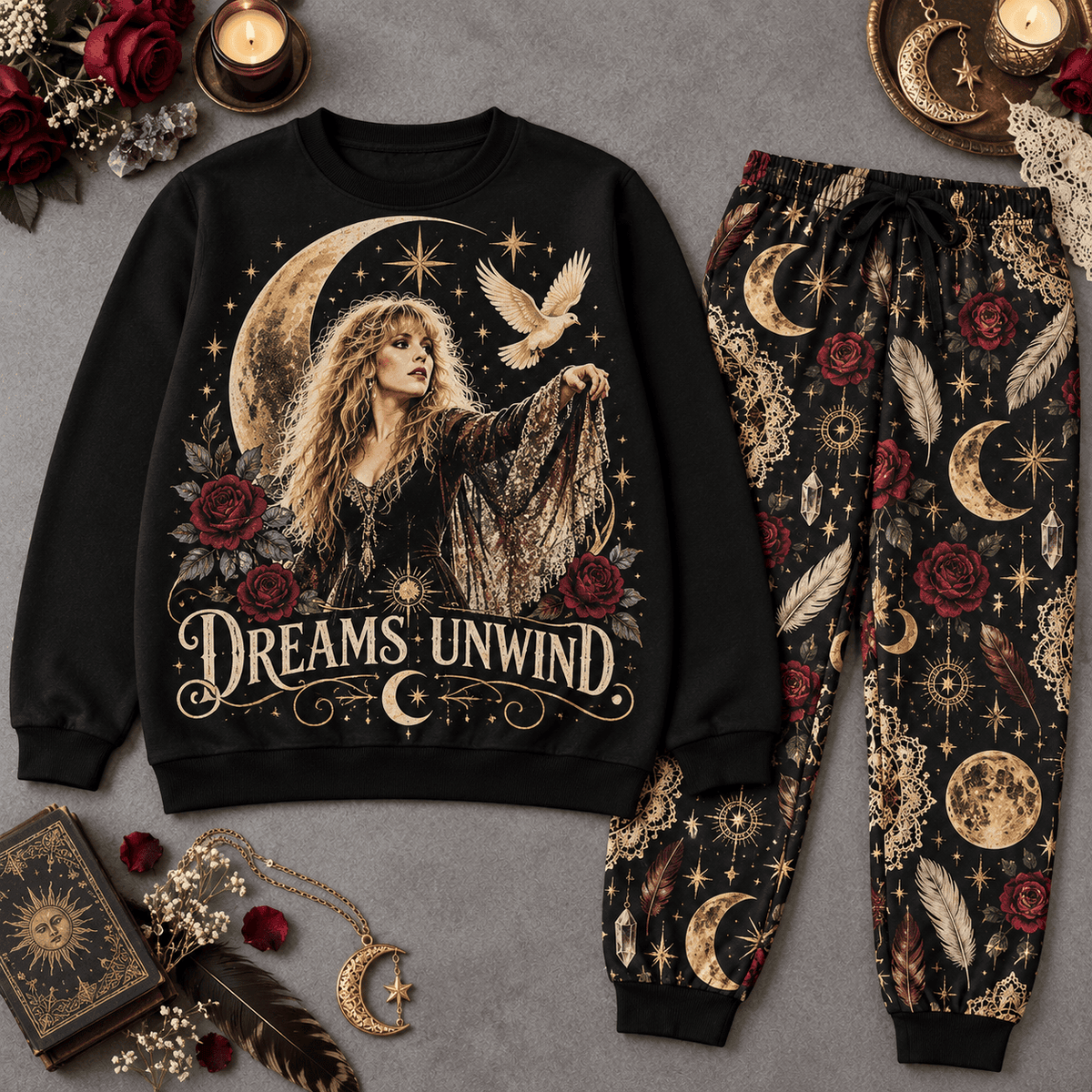 Premium Dreams Unwind Moon and Birds Graphic Sweater and Jogger Pants Set NDN Flat Set Mockup