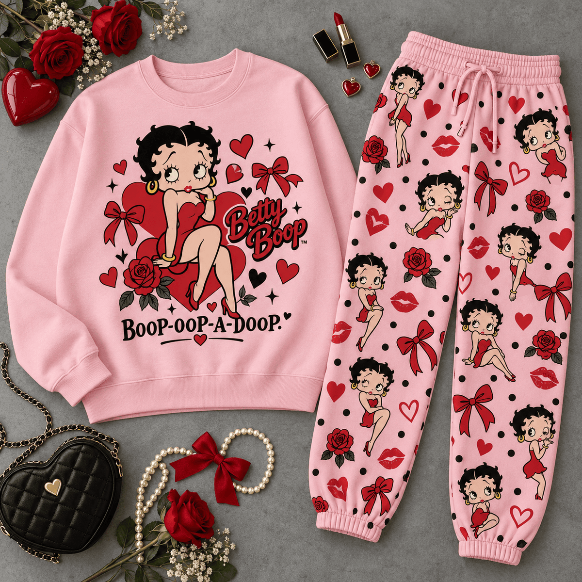 Premium Betty Boop Roses and Hearts Graphic Sweater and Jogger Pants Set NDN Flat Set Mockup
