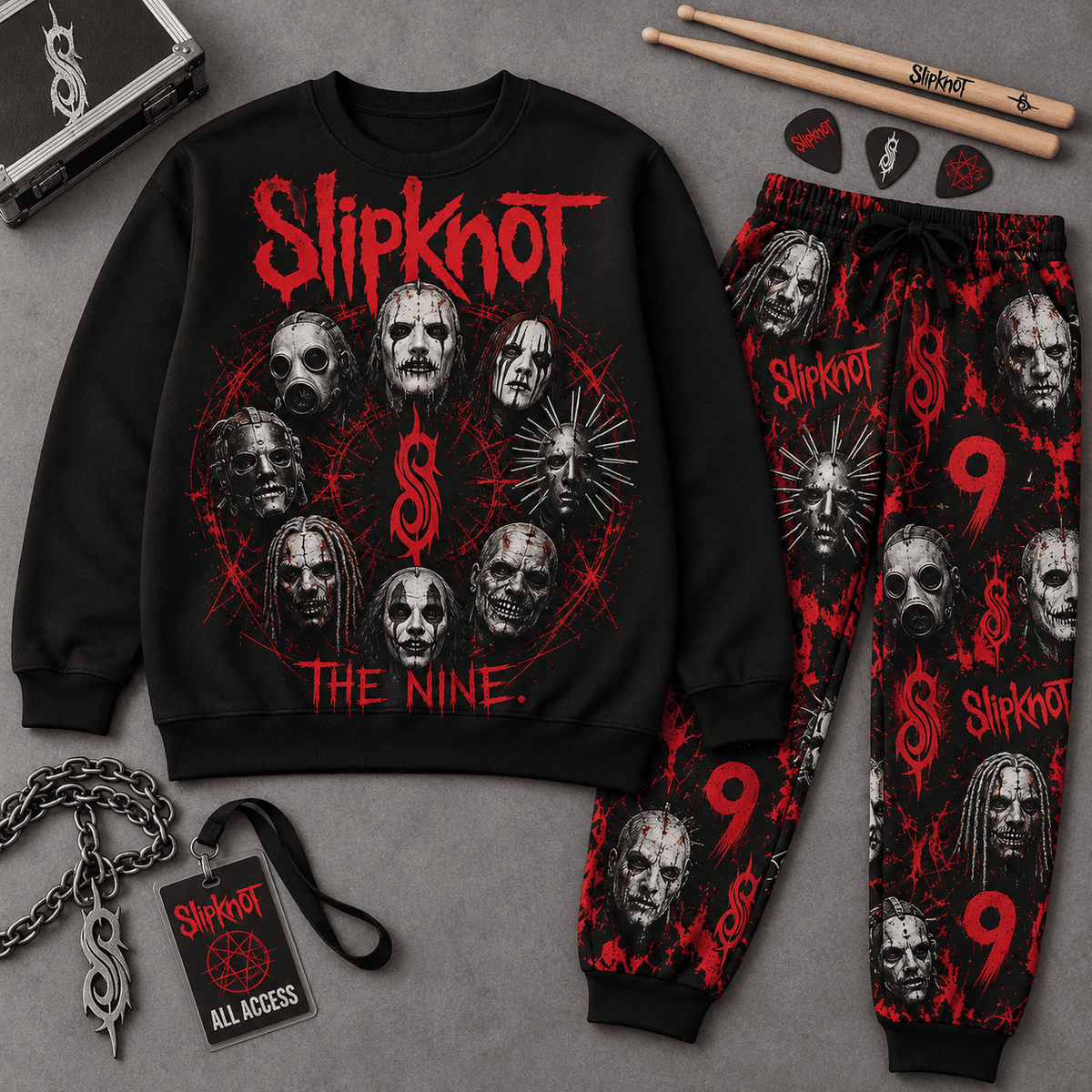 Premium Slipknot The Nine Skull Graphic Sweater and Jogger Pants Set for Fans NDN Flat Set Mockup