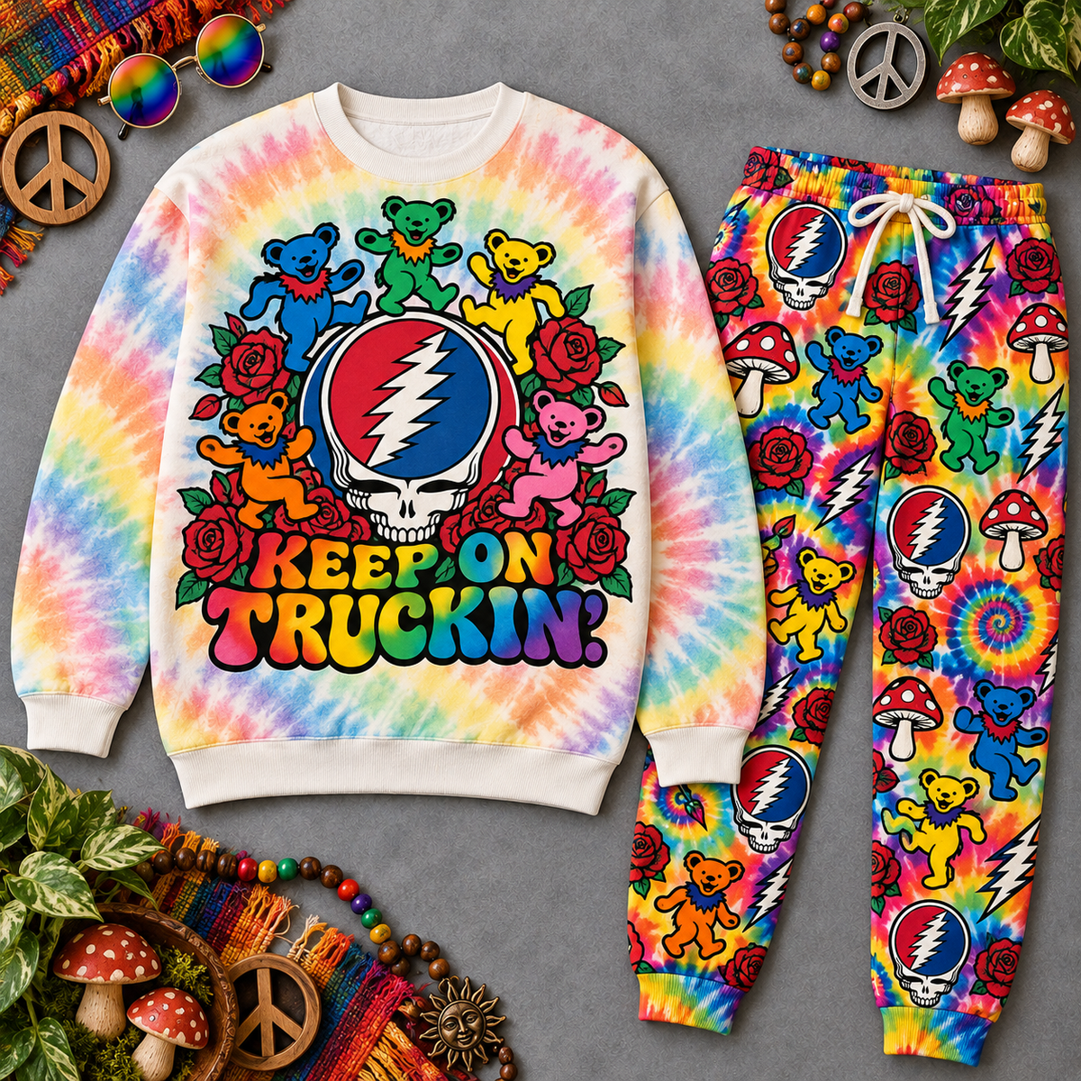 Premium Grateful Dead Keep on Truckin' Graphic Sweater and Jogger Pants Set NDN Flat Set Mockup