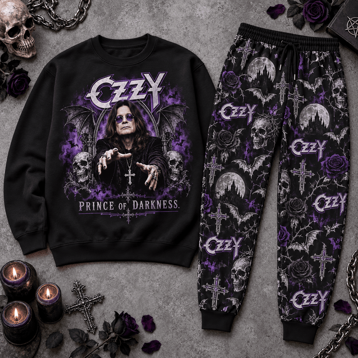 Premium Ozzy Prince of Darkness Graphic Sweater and Jogger Pants Set for Fans NDN Flat Set Mockup