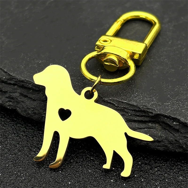 Labrador Retriever silhouette inside a heart-shaped metal pendant keychain