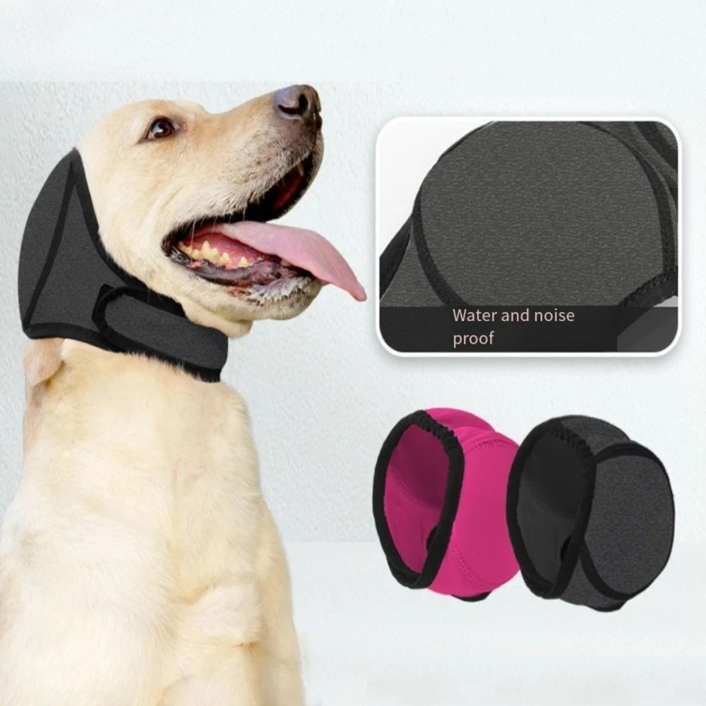 Dog wearing rose red calming ear muffs, noise reduction hearing protection, adjustable fit — Doglito