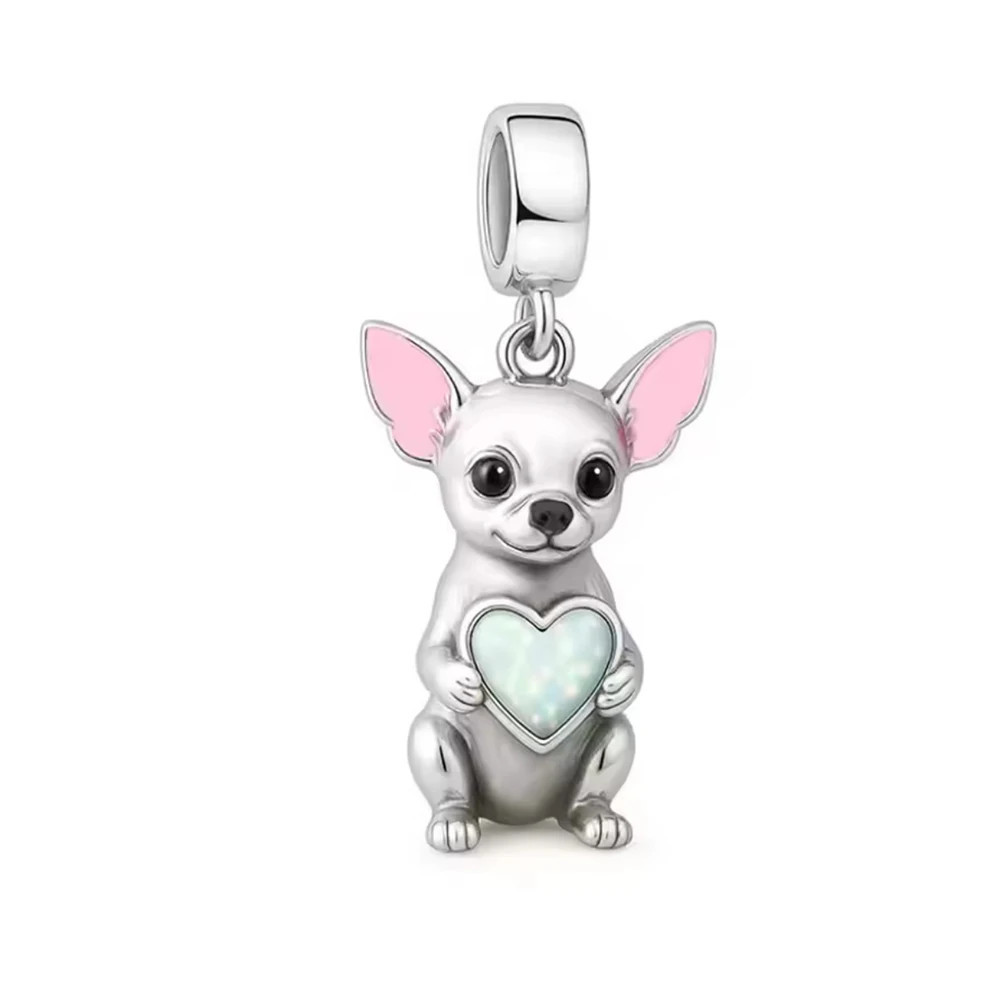 Chihuahua dog lover pendant bead hanging on a silver snake chain bracelet