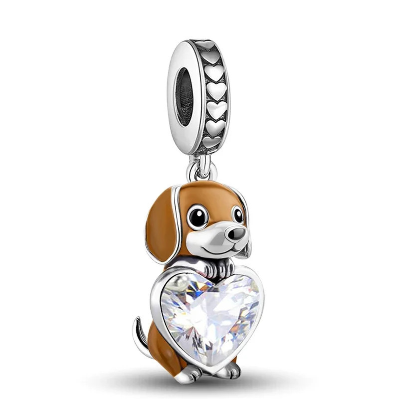 925 sterling silver Beagle charm bead with crystal heart — Beagle mom gift
