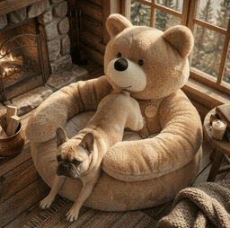 Small dog standing in khaki plush dog sofa bed