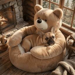 Khaki plush dog sofa bed with small dog resting by a fireplace