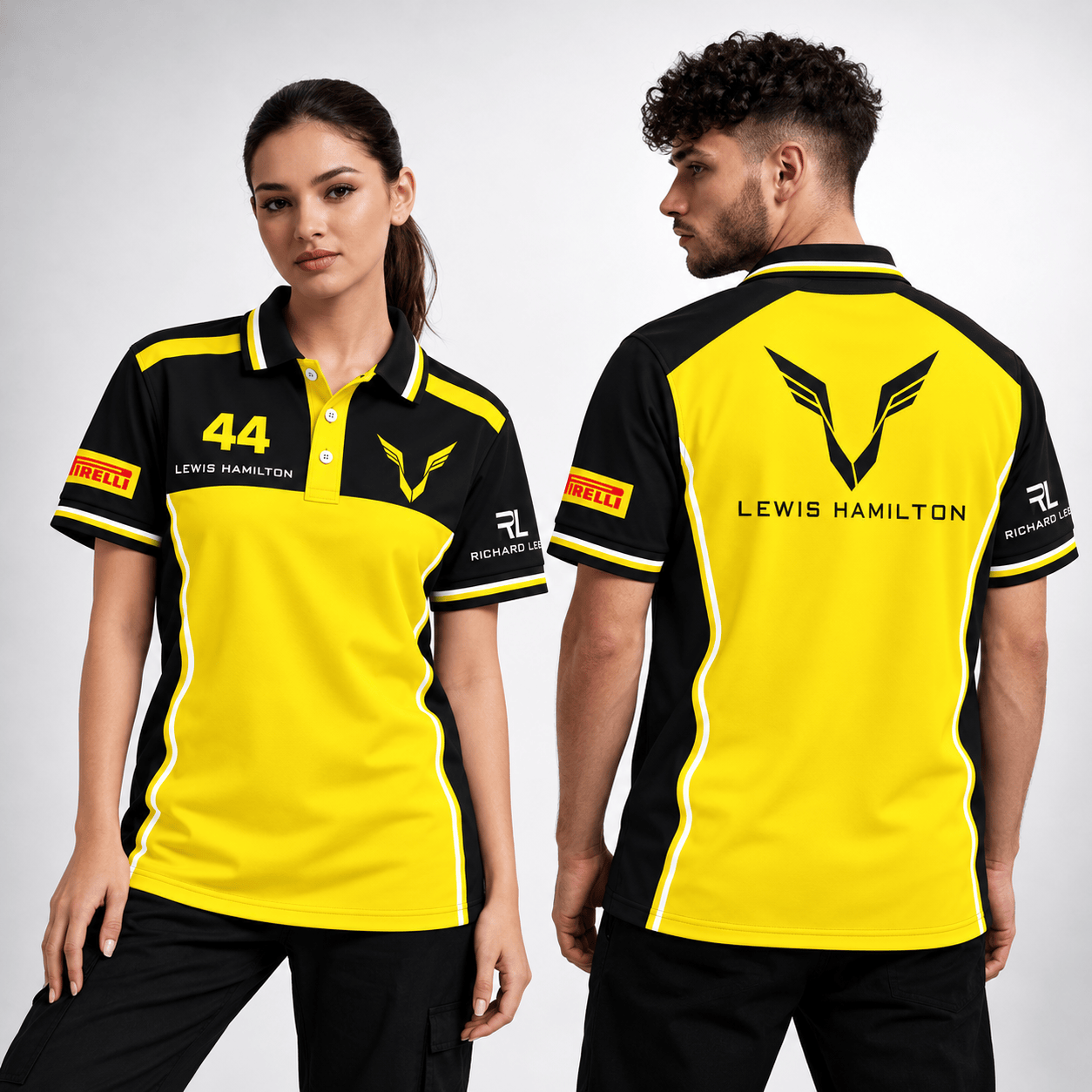 King Lewis #44 black and yellow limited edition custom motorsport tribute polo shirt