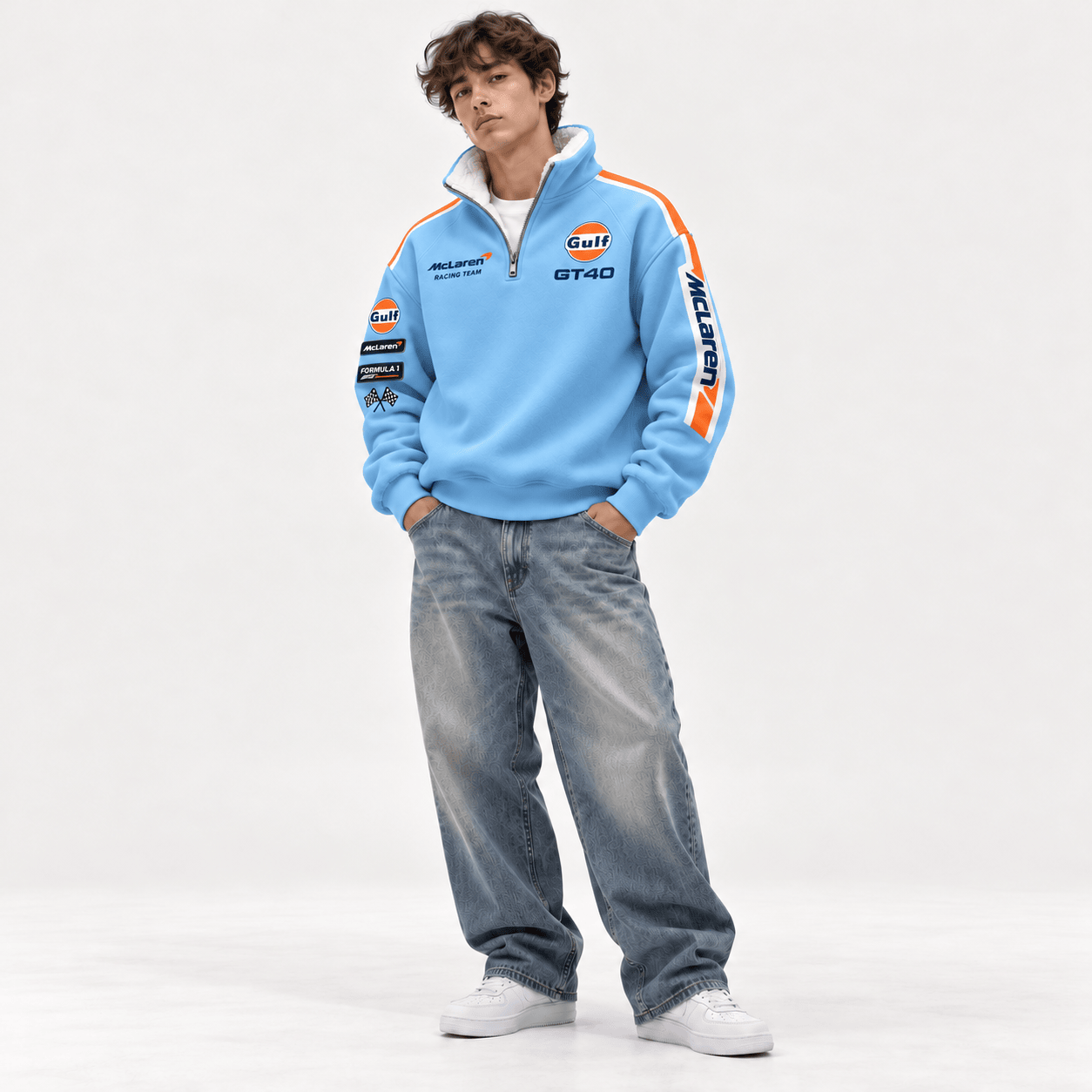 Model wearing a sky-blue racing quarter-zip pullover with loose denim