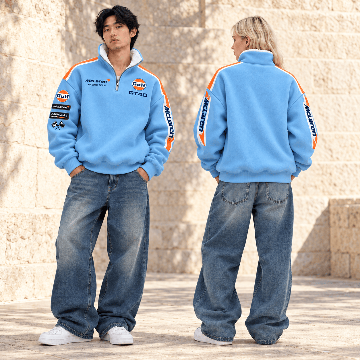 Front and back view of a sky-blue racing quarter-zip pullover
