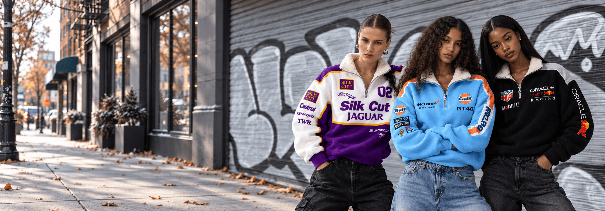 Racing-inspired quarter-zip pullovers in Jaguar, Gulf and racing team designs