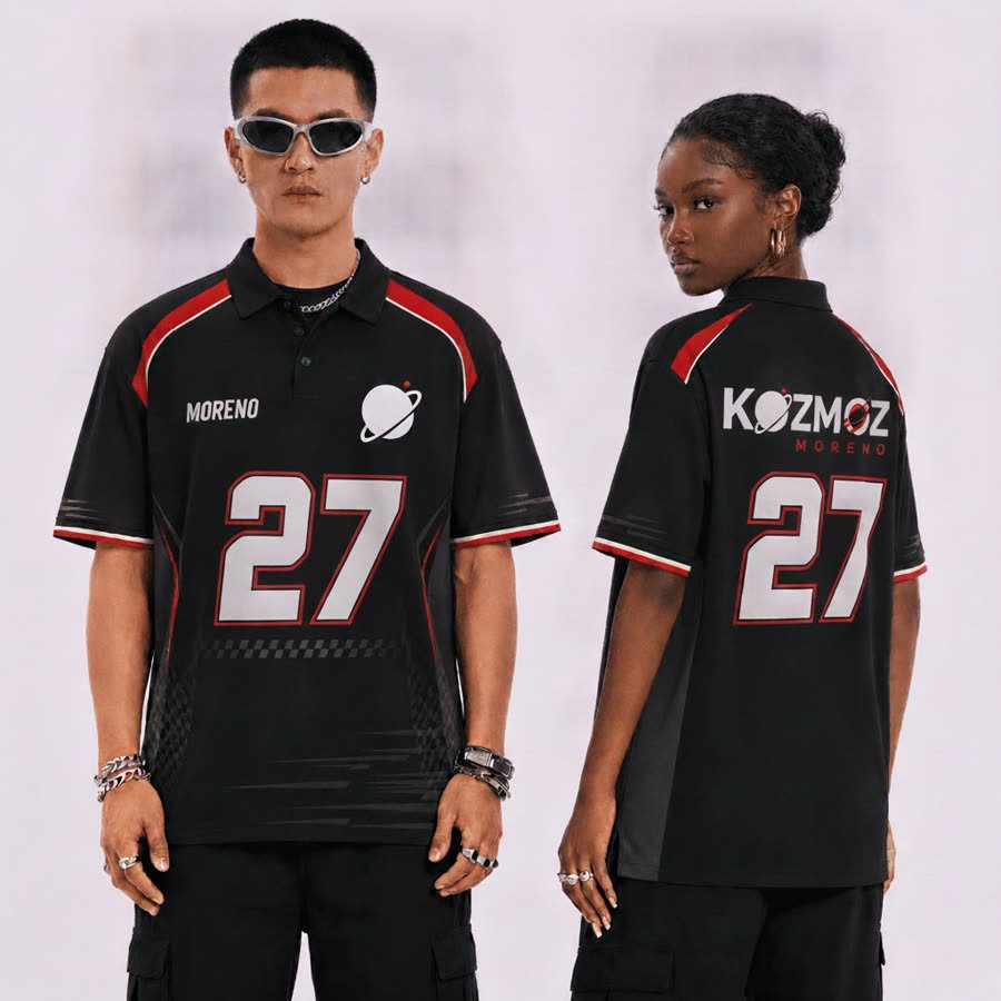 Example custom racing polo with the name Moreno and number 27 printed front and back