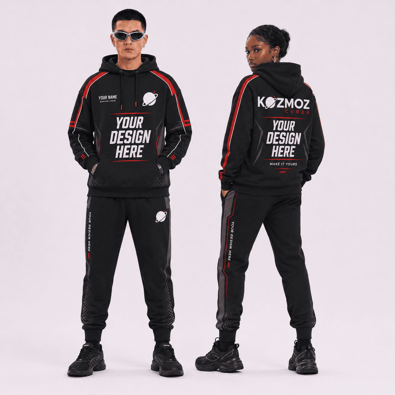 Two models wearing custom race suit hoodie and jogger sets in black and red with space for your name and design