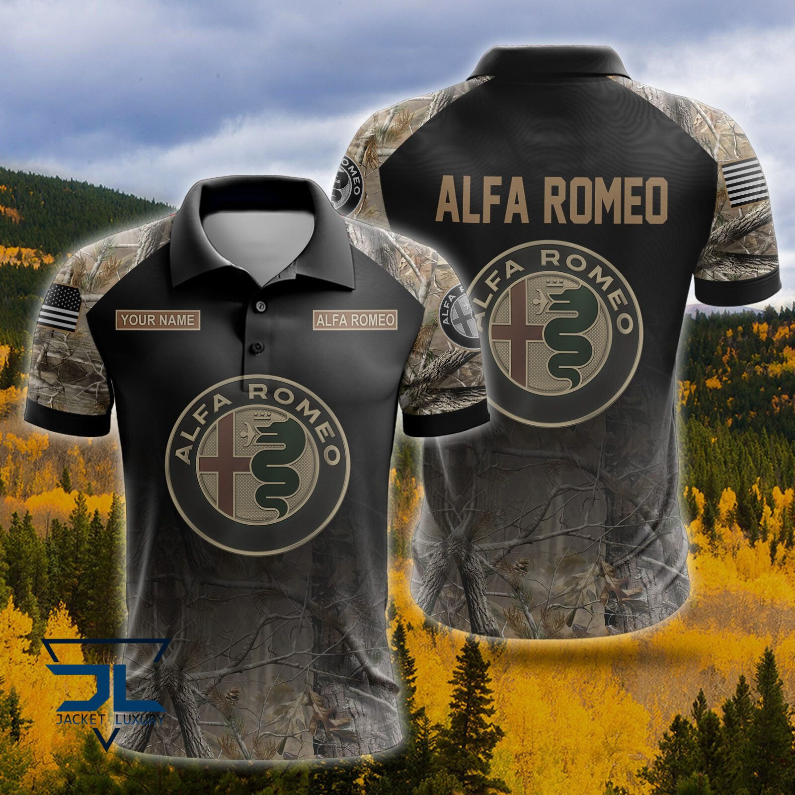 Custom Name Alfa Romeo Logo Camo Pattern American Flag Printed 3D Polo ...