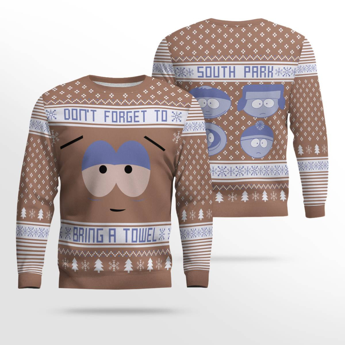 Southpark Don't Forget To Bring a Towel Ugly Christmas Sweater Mocha Mousse