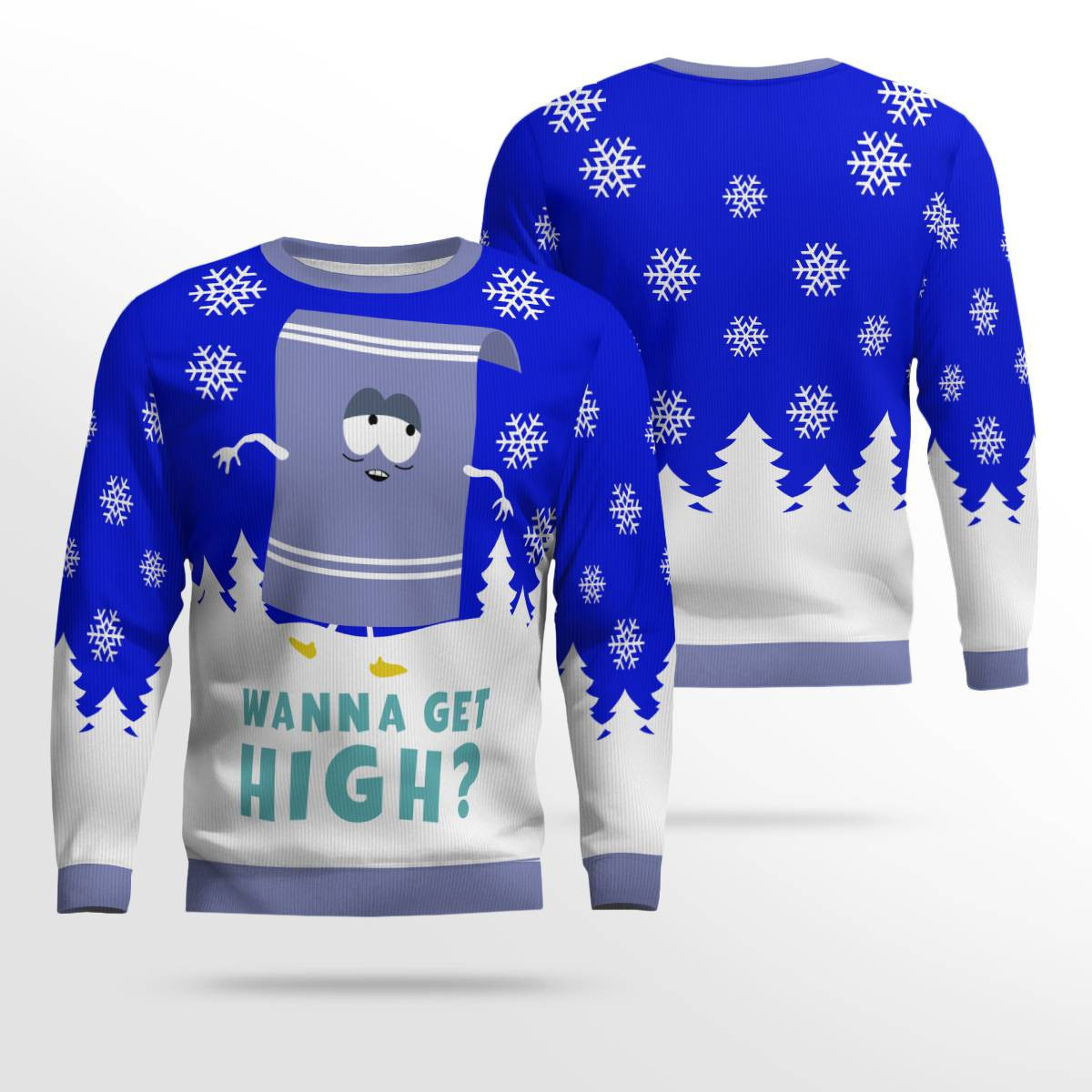 Southpark Towelie Red Eyes Wanna Get High Ugly Christmas Sweater Blue