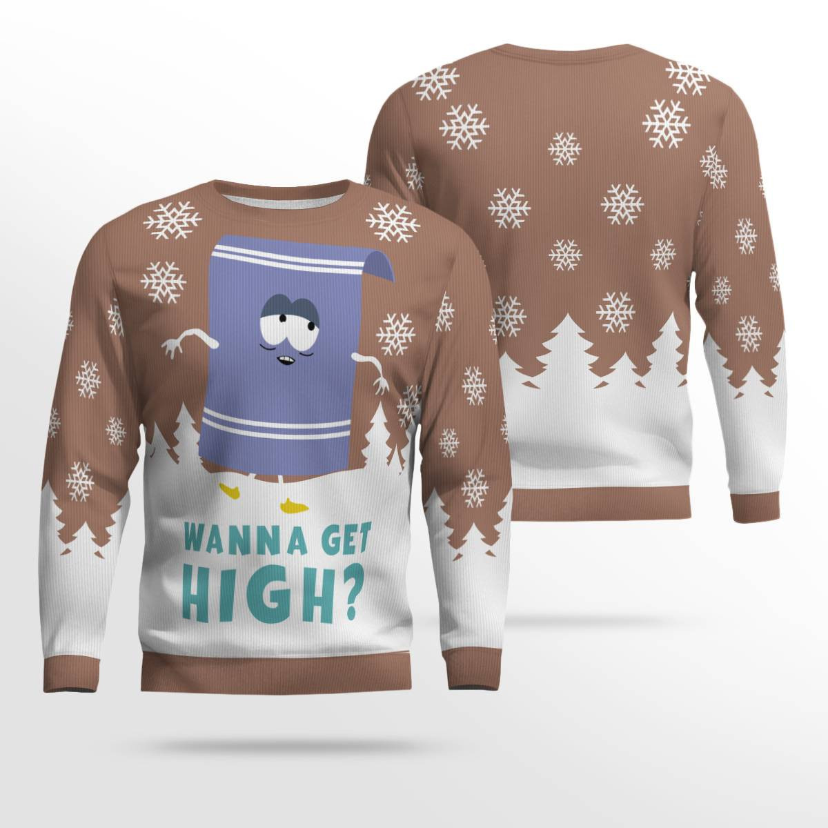 Southpark Towelie Red Eyes Wanna Get High Ugly Christmas Sweater Mocha Mousse