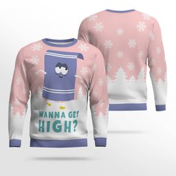 Southpark Towelie Red Eyes Wanna Get High Ugly Christmas Sweater Powder Pink