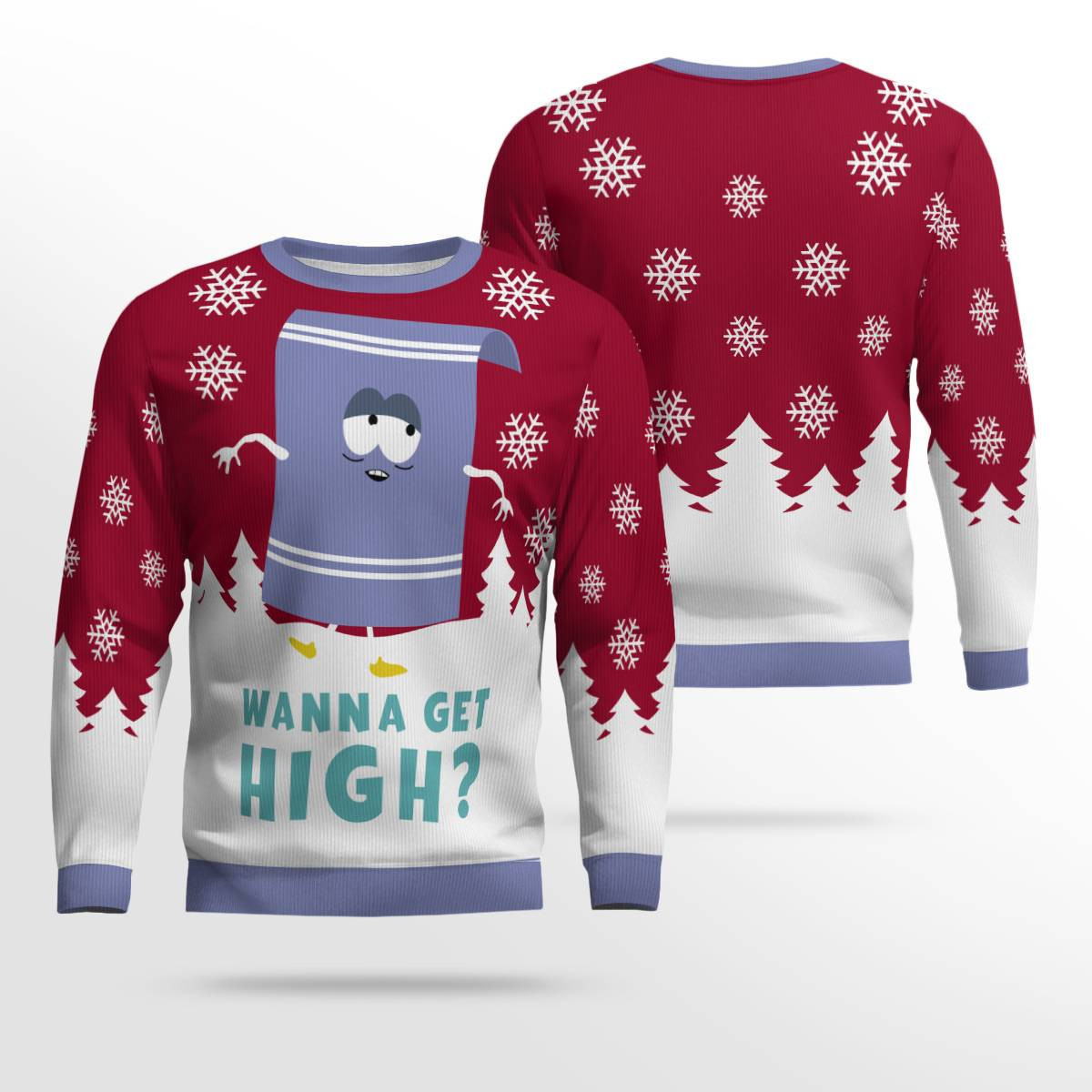 Southpark Towelie Red Eyes Wanna Get High Ugly Christmas Sweater Red