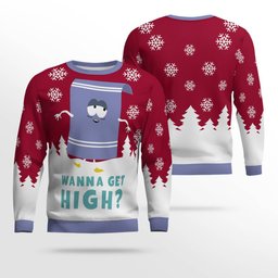 Southpark Towelie Red Eyes Wanna Get High Ugly Christmas Sweater Red