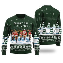 Raindeer and Santa Claus Oh What Fun It Is To Ride Ugly Christmas Sweater Green