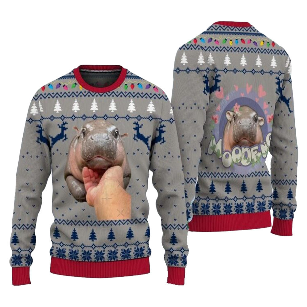 Moo Deng Bouncy Hippo Ugly Christmas Sweater - Skullridding