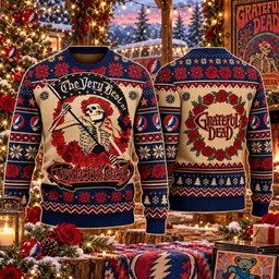 Grateful Dead The Very Best Of Skeleton Flag And Red Roses Ugly Sweater