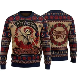 Grateful Dead The Very Best Of Skeleton Flag And Red Roses Ugly Sweater