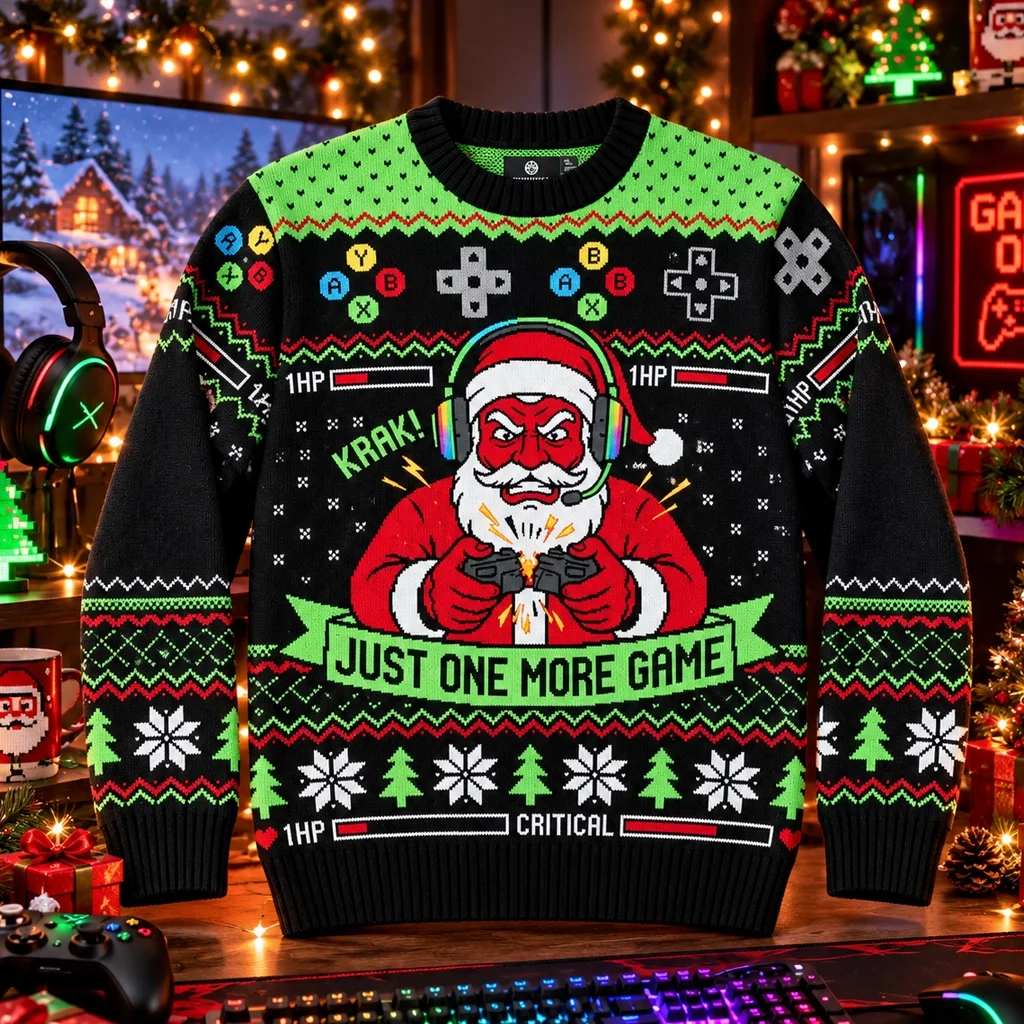 Santa Rage Quit Broken Controller Just One More Game Ugly Christmas Sweater