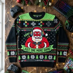 Santa Rage Quit Broken Controller Just One More Game Ugly Christmas Sweater