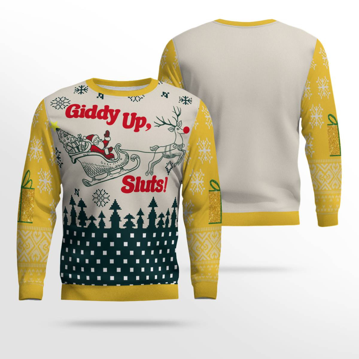 Giddy Up Sluts Ugly Christmas Sweater Gold Metallic