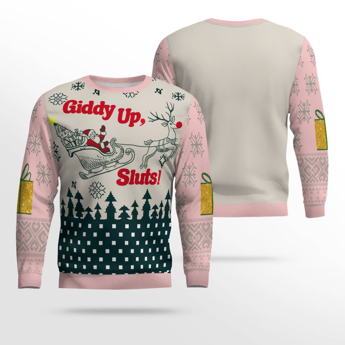 Giddy Up Sluts Ugly Christmas Sweater Powder Pink