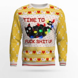Time to Fuck Shit up Cat Ugly Christmas Sweater Gold Metallic