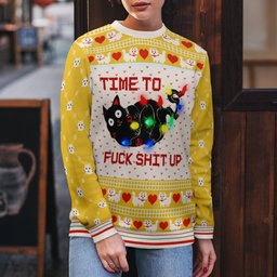 Time to Fuck Shit up Cat Ugly Christmas Sweater Gold Metallic