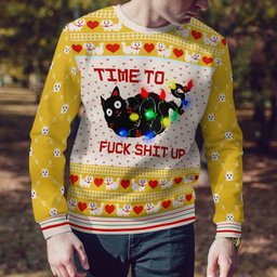 Time to Fuck Shit up Cat Ugly Christmas Sweater Gold Metallic
