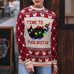 Time to Fuck Shit up Cat Ugly Christmas Sweater Burgundy