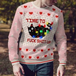 Time to Fuck Shit up Cat Ugly Christmas Sweater Powder Pink