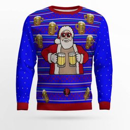 Fill Me Up Santa Beverage Dispenser Ugly Chirstmas Sweater Blue